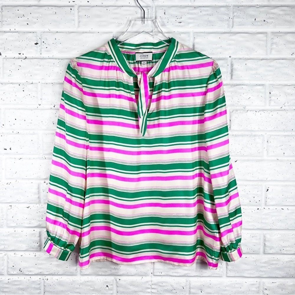 J.CREW Collection Green/Pink/Ivory Striped Silk Blouse with tie at neck Medium
